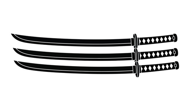 A striking arrangement of three traditional japanese katanas crossed against a white backdrop a bold silhouette high quality professional detailed modern elegant stylish clean