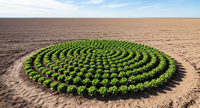 A large circular pattern of green lettuce plants growing in a field