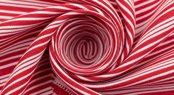 Intricate spiral pattern of tightly woven red fabric ribbons