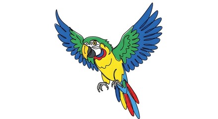 Naklejka premium Vibrant macaw parrot drawn in a unique continuous single line art style with colorful feathers spreading its wings in flight.