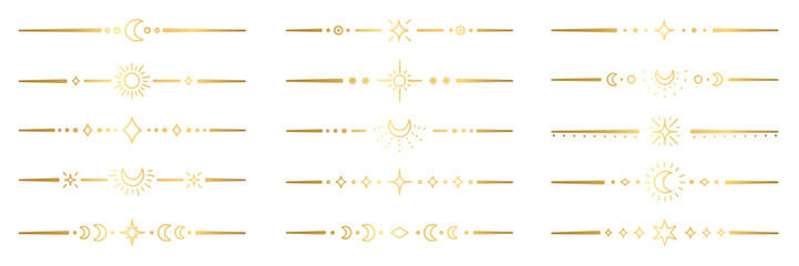 Gold line separators and tarot dividers with moon, magic stars and sun. Golden frame and astrology celestial text border with mystical ornament. Vector illustration isolated on transparent background © AnyaLi