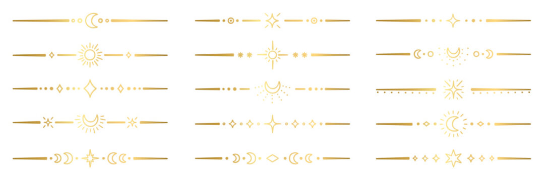 Gold line separators and tarot dividers with moon, magic stars and sun. Golden frame and astrology celestial text border with mystical ornament. Vector illustration isolated on transparent background