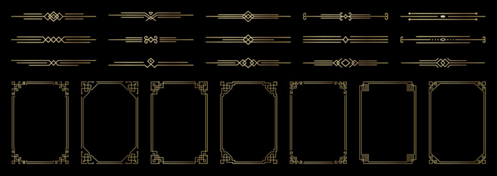 Gold photo frame and text dividers. Deco , glowing geometric boarder and vintage separators set for wedding invitations. Decorative elements with golden line ornament.