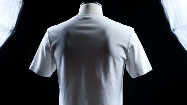 Professional White T-Shirt Mockup on a mannequin in a dark studio with softbox lighting for apparel branding and clothing design presentation.