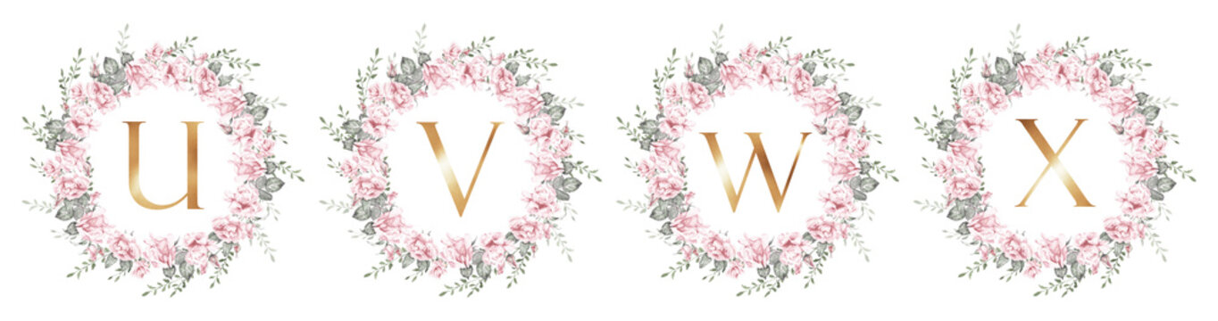 Watercolor rose wreath set with gold letters U, V, W, X botanical floral monogram collection for wedding invitations, branding, logo design and decorative templates