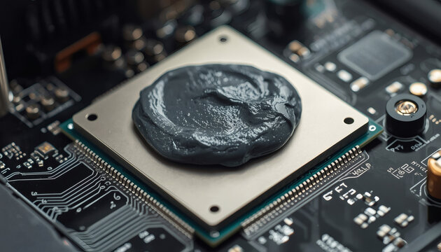 Grey metallic thermal compound paste on silicon chip. PC building.