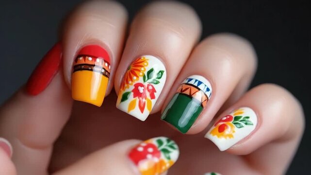 Colorful floral nail art design on manicured fingers. Cinco de Mayo, Battle of Puebla Day, Mexican Heritage Festival - Latin American Cultural Celebration