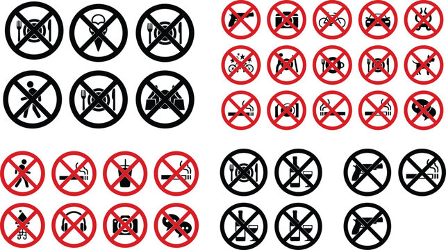 Collection of prohibition icons with red and black crossed symbols showing restricted food smoking devices and activities isolated on white background for safety signage design
