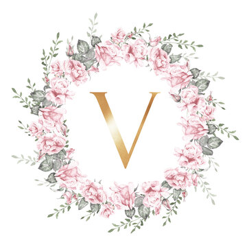 Elegant watercolor rose wreath with gold letter V, botanical floral monogram for wedding invitations, branding, logo design and decorative templates