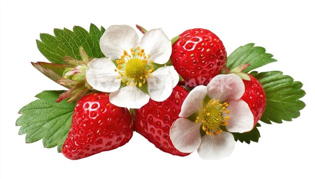 Fresh Strawberries with Blossoms and Green Leaves Isolated on White Background.