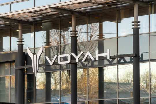 Facade of VOYAH car store logo. Logo of Chinese Voyah car automotive company and its dealership. Chinese automaker Dongfeng Motor Corporation.