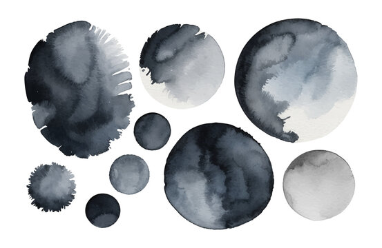 Watercolor ink stain abstract circle shapes monochrome gray wash texture organic fluid