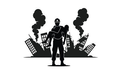 A firefighter bravely carries an unconscious person away from burning ruins and billowing smoke depicted as a striking silhouette high quality professional detailed modern © Thysl2000