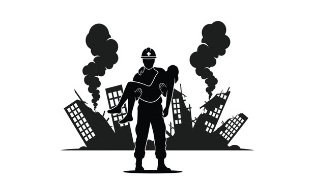 A firefighter bravely carries an unconscious person away from burning ruins and billowing smoke depicted as a striking silhouette high quality professional detailed modern