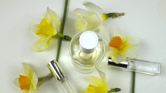 Bottles with perfumes and eau de toilette, fresh flowers daffodil are on a white background, top view