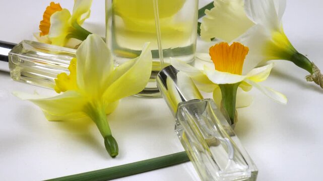 Bottles with perfumes and eau de toilette, fresh flowers daffodil are on a white background, side view