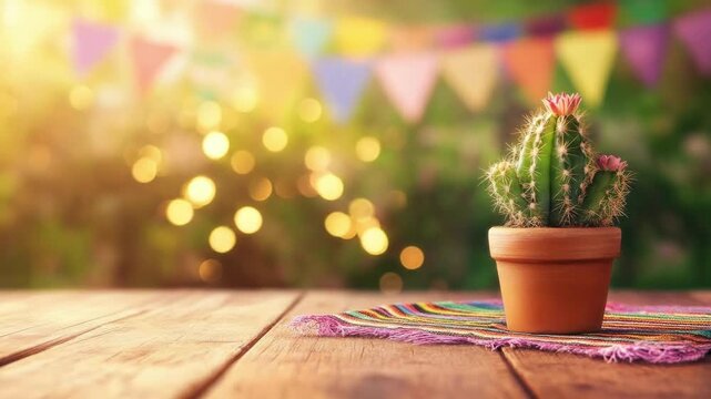 Vibrant cactus in a pot with colorful background on wooden table. Cinco de Mayo, Battle of Puebla Day, Mexican Heritage Festival - Latin American Cultural Celebration