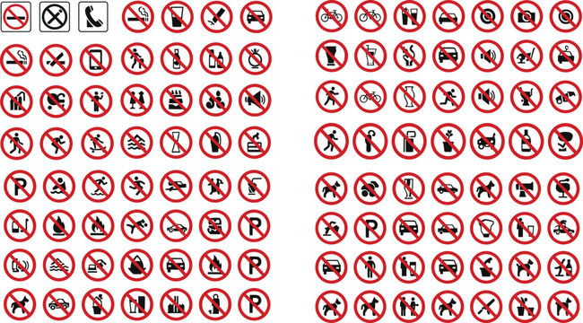 Large collection of prohibition icons with red crossed warning symbols representing restricted activities and safety rules isolated on white background for signage design