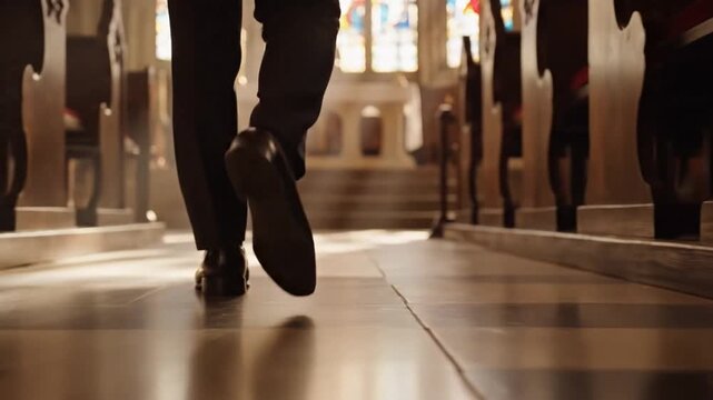 Groom Walking Down Church Aisle, Polished Shoes Tapping On Wooden Floor, Warm Stained Glass Backlight, Pews Lining Nave, Cinematic Lowangle Closeup Capturing Solemn Procession And Ambient Sunlight