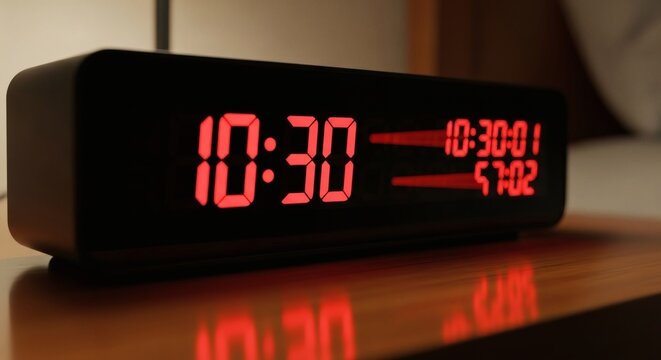 A digital alarm clock displaying the time on a wooden table in a bedroom