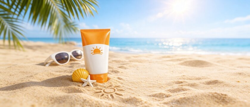 Sunscreen on sandy beach with sunglasses and tropical vibe  