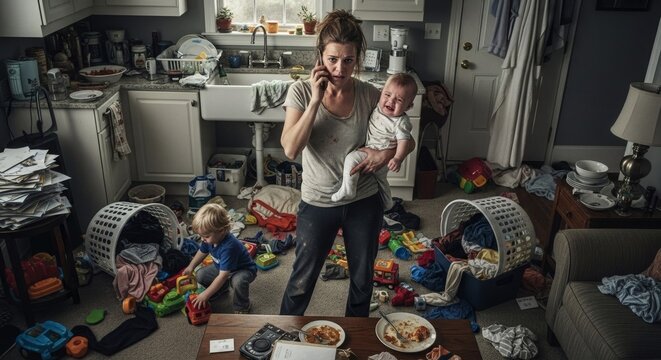 A frazzled mother stands in a cluttered kitchen while talking on the phone and holding her baby.
