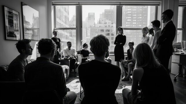 office team morning briefing with natural light