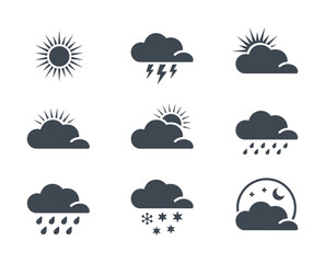 Fototapeta premium Set of dark grey weather featuring sun clouds rain lightning snow and moon symbols on a white background