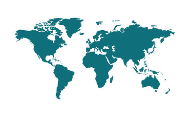 Fototapeta premium Flat teal blue silhouette of the map showing all continents and major islands isolated on a plain white background
