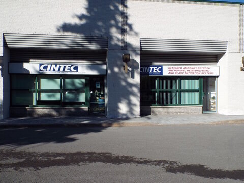 Nepean, Ontario, Canada &ndash; July 27, 2025: The "Cintec" storefront at 38 Auriga Drive in Nepean showcases signs for masonry retrofit anchoring, reinforcement, and blast mitigation systems.