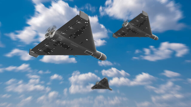 Military aviation, Drone warfare. Shahed UAV drones fly in formation performing aerial reconnaissance and attack missions in modern combat operations.