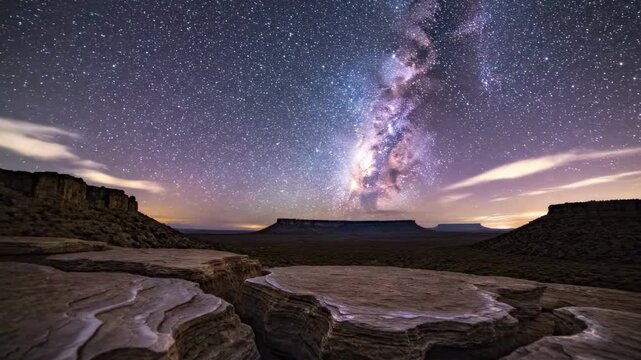Starlit desert mesa panorama beneath a luminous galactic spine above weathered sandstone platforms in a remote ecological sanctuary, conveying pristine darkness, silence, and celestial wilderness