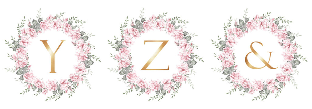 Watercolor rose wreath set with gold letters Y, Z, and, botanical floral monogram collection for wedding invitations, branding, logo design and decorative templates