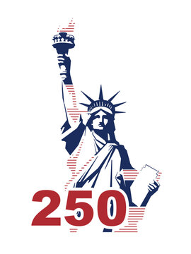250 years of American independence day USA. Statue of Liberty in the colors of the US flag Red and blue flat design of the monument with geometric stripes. New York holiday. Banner Vector illustration