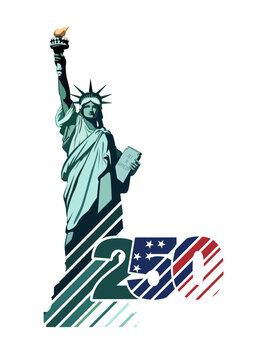 250 years of US Independence Day. Statue of Liberty. Red and blue flat design of numbers with geometric stripes in colors of the American flag. Holiday in New York. Vector illustration of banners