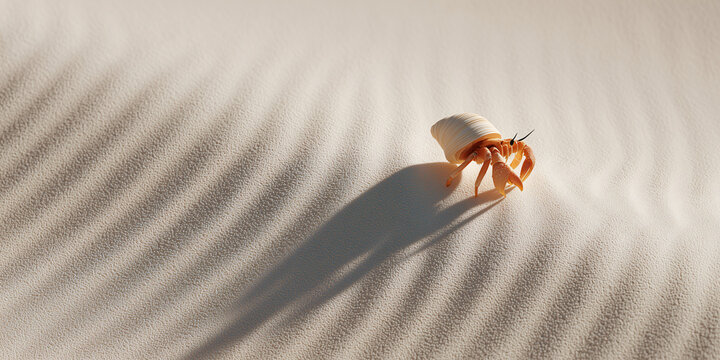 A hermit crab walks across a textured sandy surface, casting a long shadow in the sunlight. Its small shell protects its body as it explores the beach