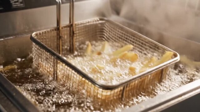 Golden French fries being lifted from hot oil in a metal basket, steam rising as they finish cooking in a commercial deep fryer in a bustling kitchen