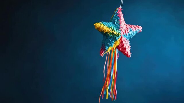 Colorful star-shaped pinata with rainbow tassels hanging against blue background. Cinco de Mayo, Battle of Puebla Day, Mexican Heritage Festival - Latin American Cultural Celebration