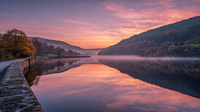 Sunrise over Ladybower Reservoir in the Peak District, with soft morning light illuminating calm waters and surrounding hills.