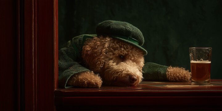 A teddy bear wearing a hat and jacket with a glass of beer