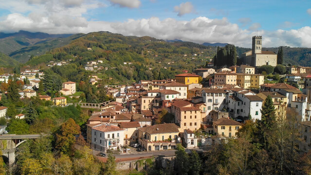 Stunning aerial panorama of Barga, Garfagnana, with clear skies and scenic landscapes