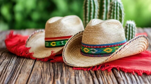 Two straw hats with colorful bands on a red cloth near cactus on wooden surface. Cinco de Mayo, Battle of Puebla Day, Mexican Heritage Festival - Latin American Cultural Celebration
