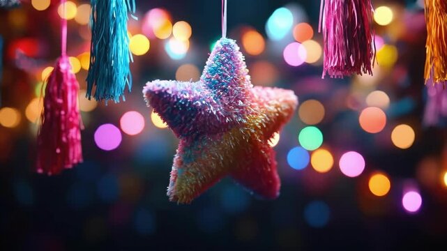 Colorful star pinata with festive tassels and bokeh lights. Cinco de Mayo, Battle of Puebla Day, Mexican Heritage Festival - Latin American Cultural Celebration