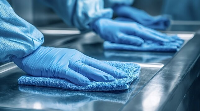 Hands in blue medical gloves wiping down a sterile metal surface with a microfiber cloth, ensuring thorough sanitation and preventing infection in a healthcare facility or laboratory environment