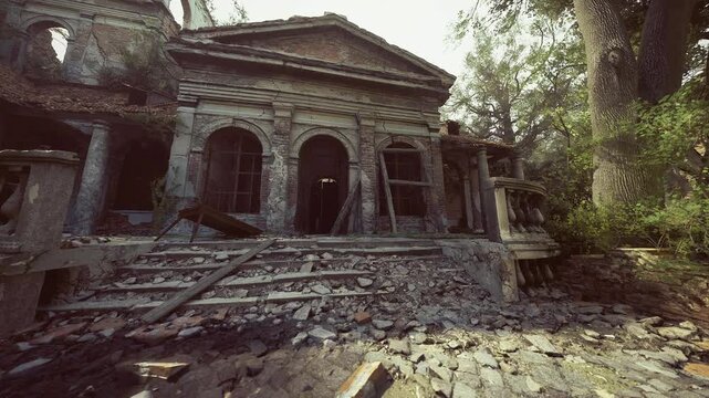 Crumbling portico United Kingdom with wide view of broken columns and swept courtyard, scattered stones and fallen capitals, overgrown trees framing ruin,