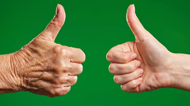 Positive Generational Connection with Elderly and Young Hands Giving Thumbs Up on Green Screen for Success and Healthcare Projects.