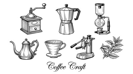 Obraz premium Vintage Coffee Brewing Equipment Vector Set - Hand Drawn Sketches of Moka Pot, Manual Grinder, Syphon, Espresso Maker and Coffee Beans Branch for Cafe and Barista Design