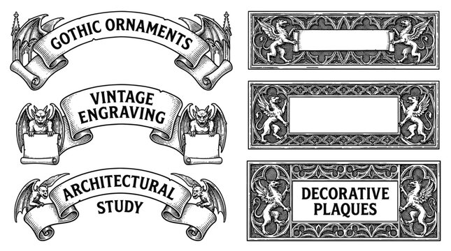 Set of Vintage Gothic Engraving Elements Featuring Gargoyles Griffins and Ornate Banners Decorative Architectural Plaques and Heraldic Design Elements Vector Illustration