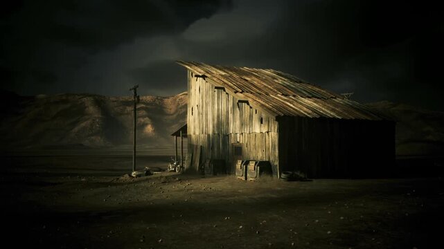 Desert shack standing against mountain backdrop, elevated leanto, fractured siding, flicker of distant lightning, empty porch, scattered debris hinting