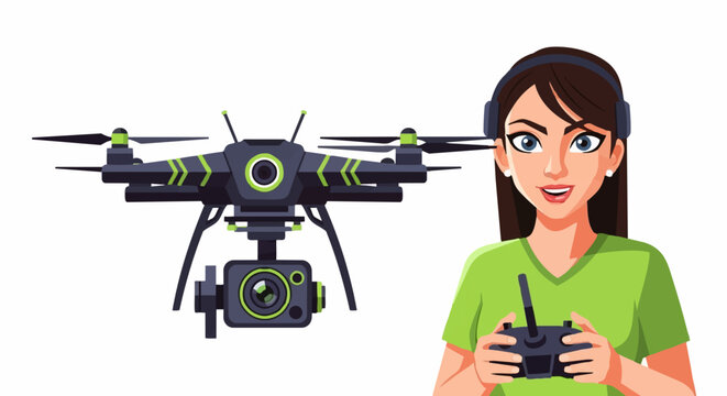 A woman operates a drone with a camera for an outdoor recreational hobby activity.